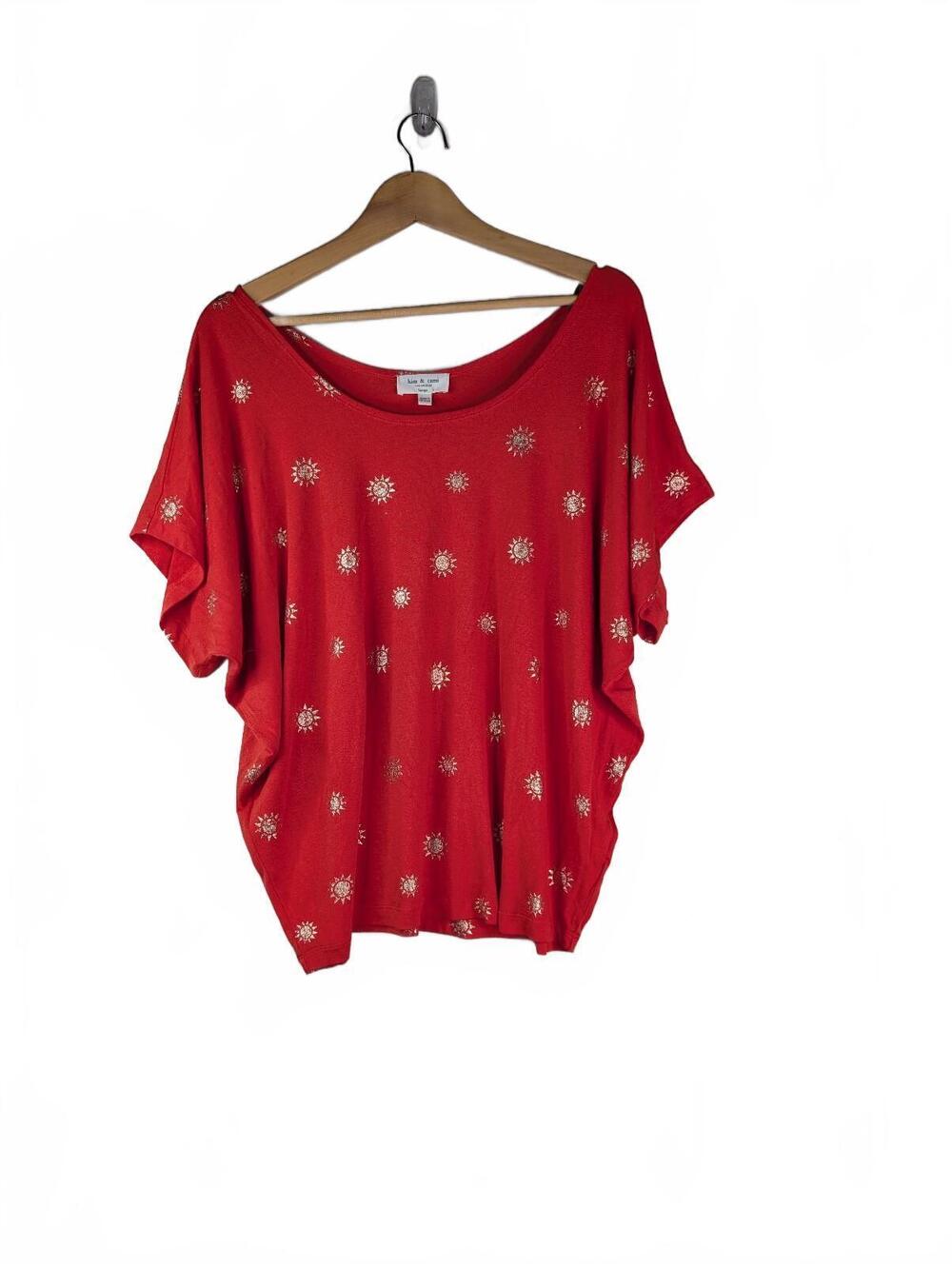 Kim & Cami Large Red Dolman Sleeve Top with Metallic Gold Sun Print Size L